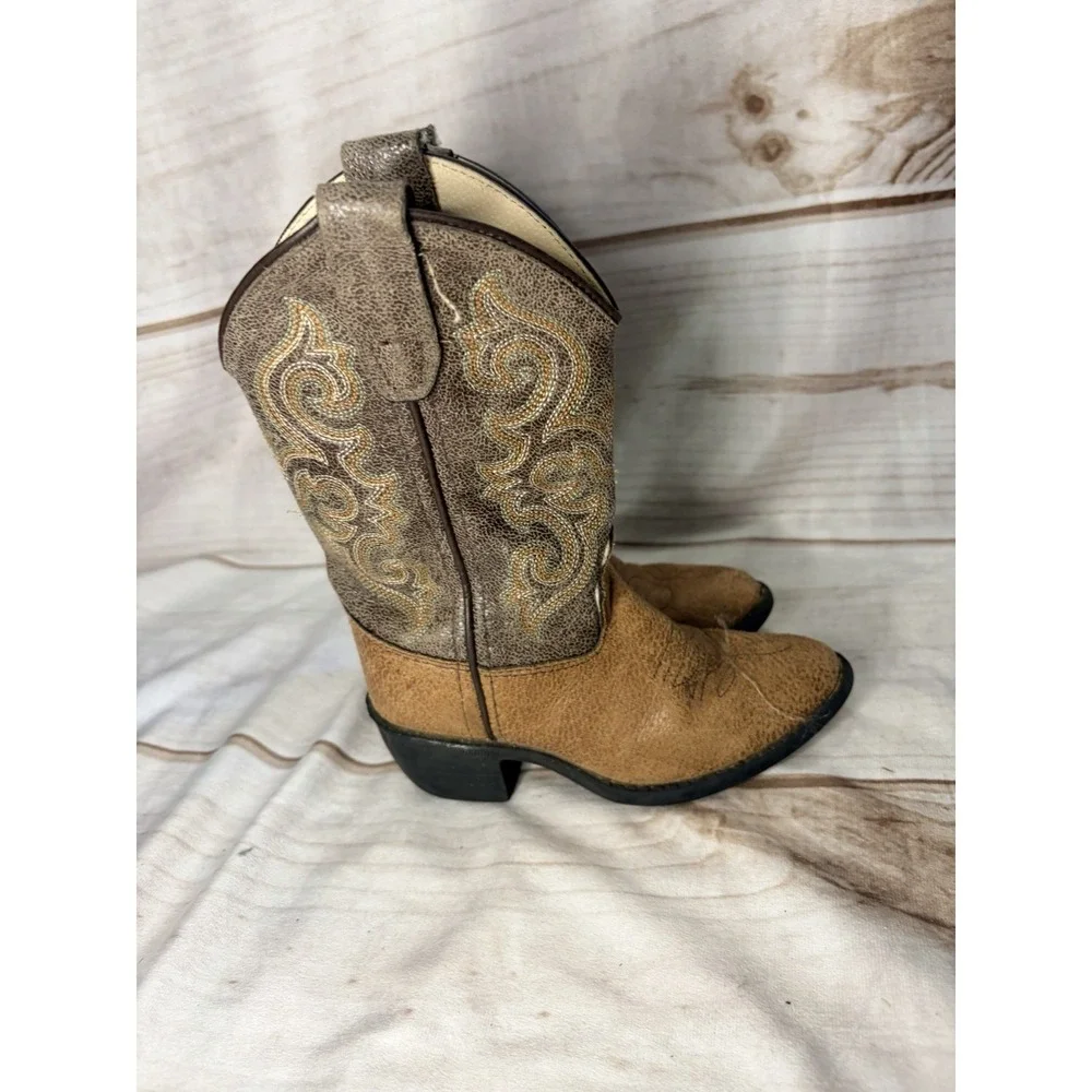 Old West Girls 8.5 Western Cowboy Boots Tan Brown Embroidered Square Toe